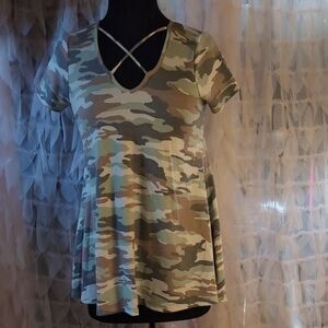 LizaBell Crisscross V-Neck Camo Print Top
